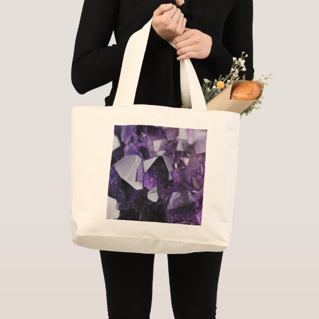 trendy geometric crystal gemstone purple amethyst large tote bag (Front (Product))