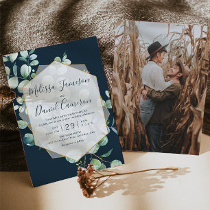 Trendy Geometric Navy Greenery with Photo Invitation