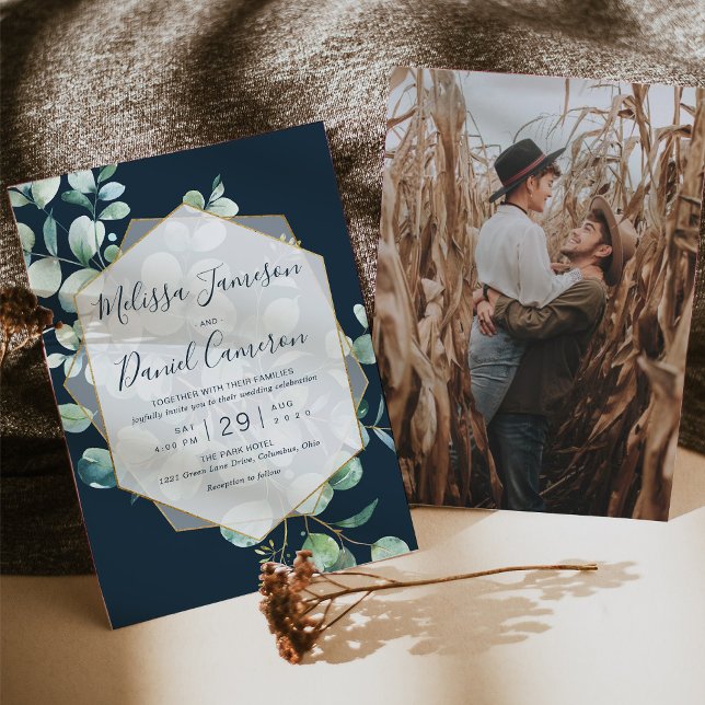 Trendy Geometric Navy Greenery with Photo Invitation (Creator Uploaded)