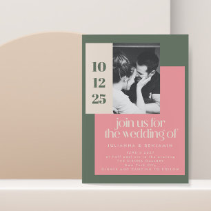 Trendy Geometric Pink and Green Photo Wedding Invitation