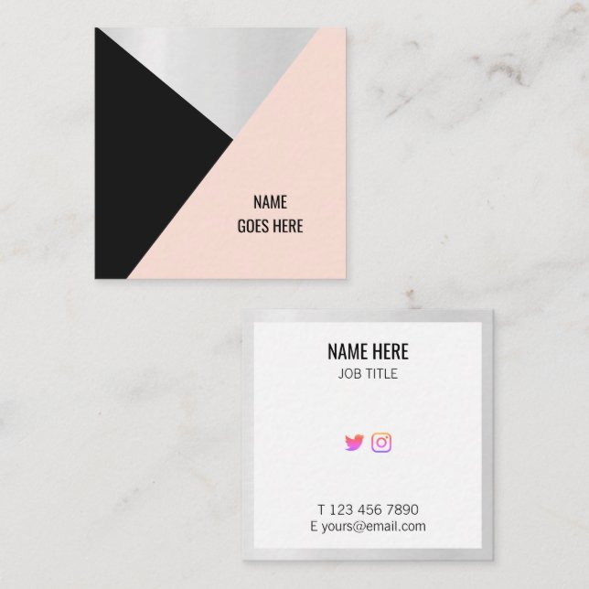 Trendy Geometric Silver Pink Square Business Card (Front/Back)