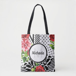 Trendy Geometric Stripe Pattern Red Foral Monogram Tote Bag