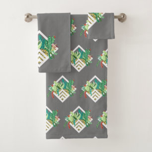 Trendy Geometric Succulents Terrariums & Grey Bath Towel Set