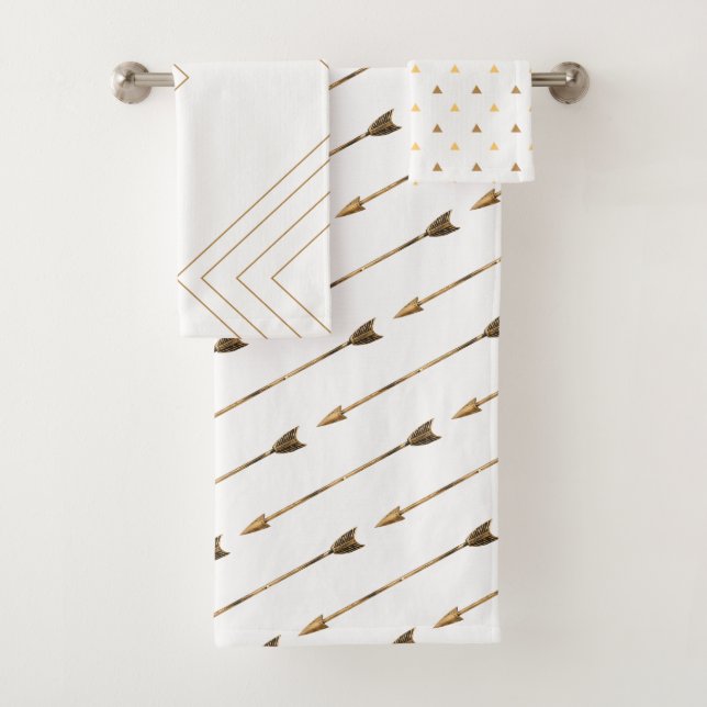Trendy Geometric White & Gold Arrows Bath Towel Set (Insitu)