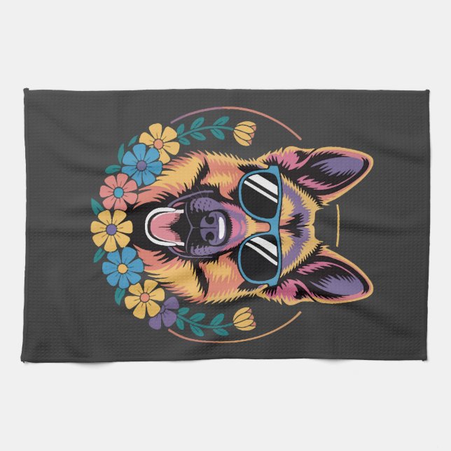 Trendy German Shepherd in Floral Style Kitchen Towel (Horizontal)