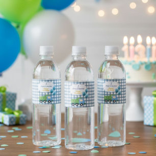 Trendy Gingham Blue Construction 3rd Birthday Water Bottle Label