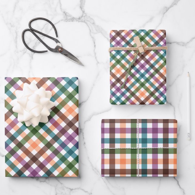 Trendy Gingham Fall Gift Wrapping Paper Sheet (Front)
