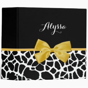 Trendy Giraffe Print Golden Yellow Bow With Name Binder