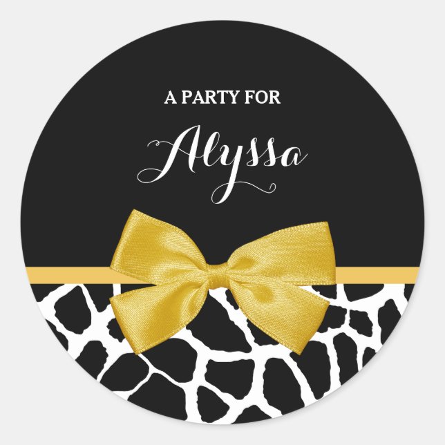 Trendy Giraffe Print Golden Yellow Bow With Name Classic Round Sticker (Front)
