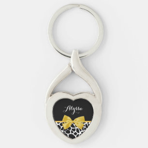 Trendy Giraffe Print Golden Yellow Bow With Name Keychain