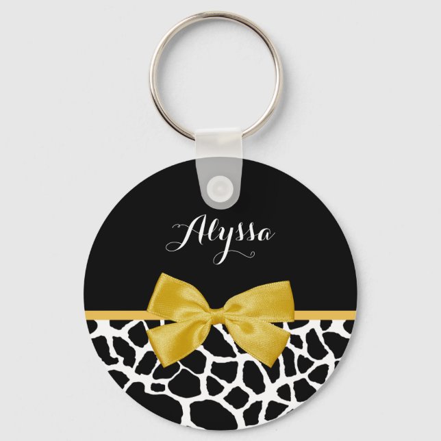 Trendy Giraffe Print Golden Yellow Bow With Name Keychain (Front)