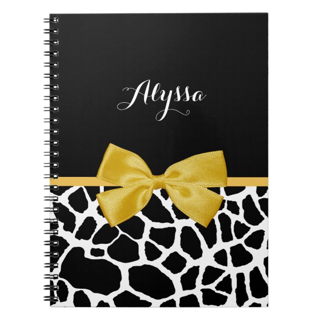 Trendy Giraffe Print Golden Yellow Bow With Name Notebook (Front)