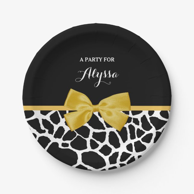 Trendy Giraffe Print Golden Yellow Bow With Name Paper Plate (Front)