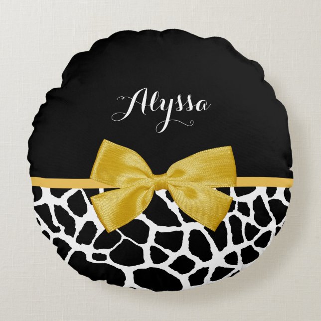 Trendy Giraffe Print Golden Yellow Bow With Name Round Pillow (Front)
