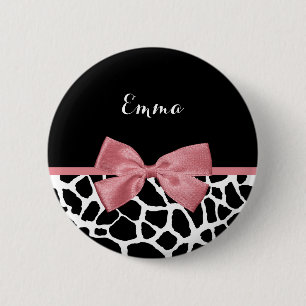 Trendy Giraffe Print Rosy Pink Bow With Name 2 Inch Round Button