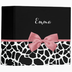 Trendy Giraffe Print Rosy Pink Bow With Name Binder