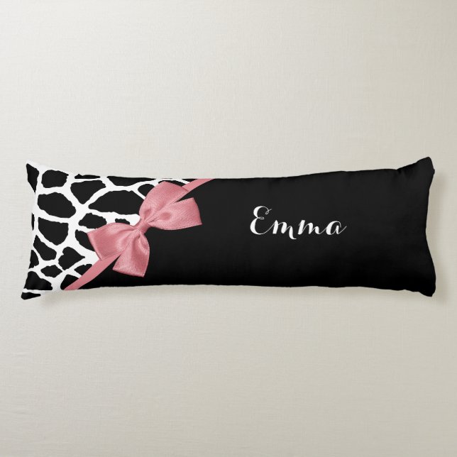 Trendy Giraffe Print Rosy Pink Bow With Name Body Pillow (Front)