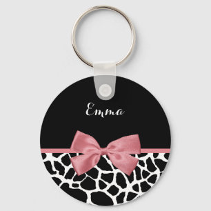 Trendy Giraffe Print Rosy Pink Bow With Name Keychain