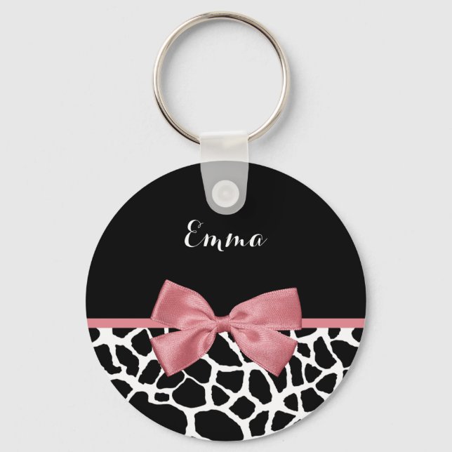 Trendy Giraffe Print Rosy Pink Bow With Name Keychain (Front)