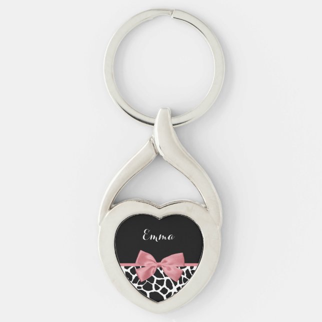 Trendy Giraffe Print Rosy Pink Bow With Name Keychain (Front)