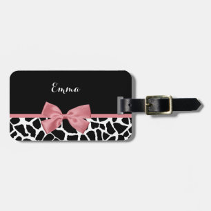 Trendy Giraffe Print Rosy Pink Bow With Name Luggage Tag