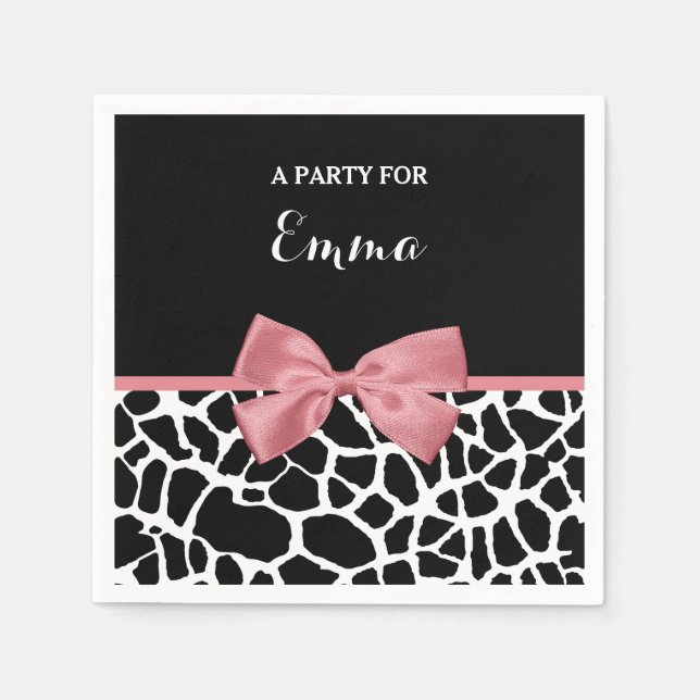 Trendy Giraffe Print Rosy Pink Bow With Name Napkin (Front)