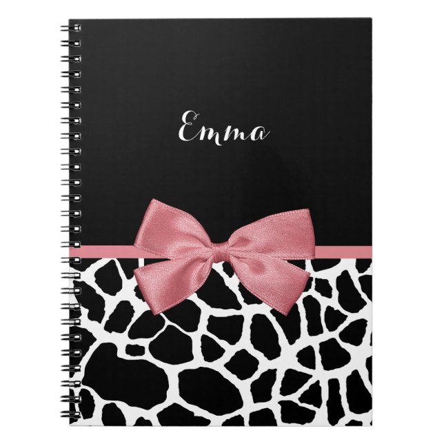 Trendy Giraffe Print Rosy Pink Bow With Name Notebook (Front)