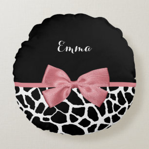 Trendy Giraffe Print Rosy Pink Bow With Name Round Pillow