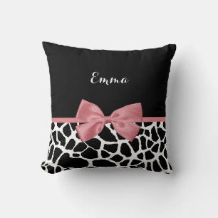 Trendy Giraffe Print Rosy Pink Bow With Name Throw Pillow