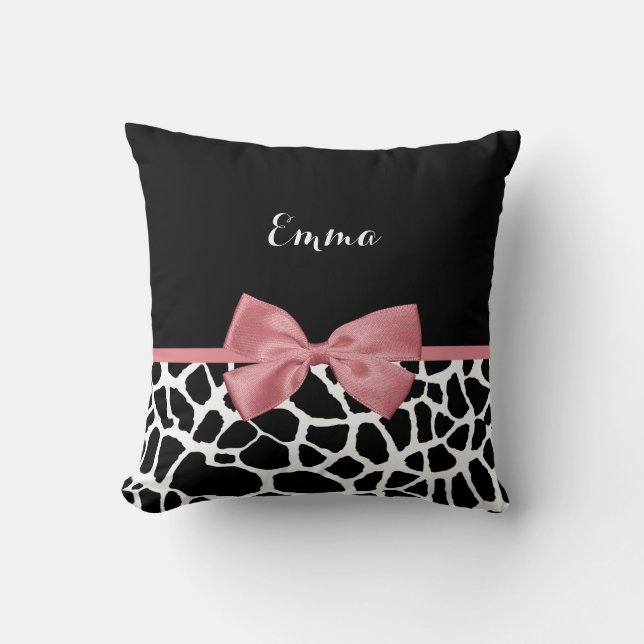 Trendy Giraffe Print Rosy Pink Bow With Name Throw Pillow (Front)