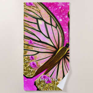 Trendy Girl Pink and Gold Butterfly Custom Name Beach Towel