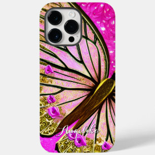 Trendy Girl Pink and Gold Butterfly Custom Name Case-Mate iPhone 14 Pro Max Case