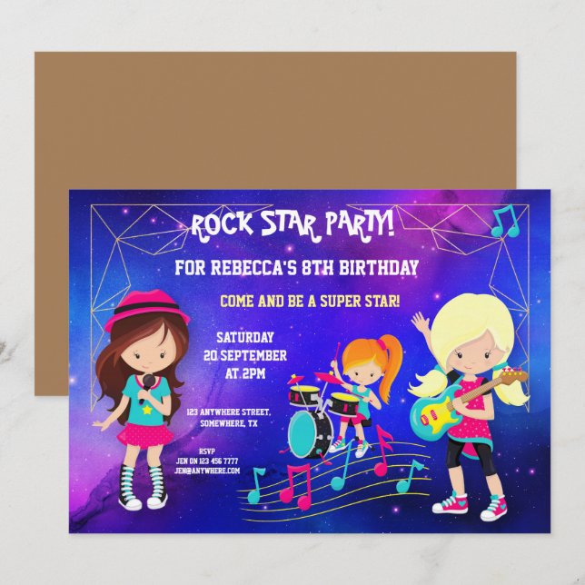 Trendy Girls Rock Pop Star Birthday Party Invitation (Front/Back)