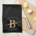 Trendy Girly Black Gold Name Monogram Script Kitchen Towel<br><div class="desc">Girly, trendy, elegant, modern, black gold monogram initial name script custom personalized monogrammed kitchen towel. Featuring a monogram initial and a girly name script in a hand lettered calligraphy swash tail font and dotted circle frame around your monogram. Perfect feminine gift for sister, mother, girlfriend, birthday, wedding, bridal shower, sweet...</div>