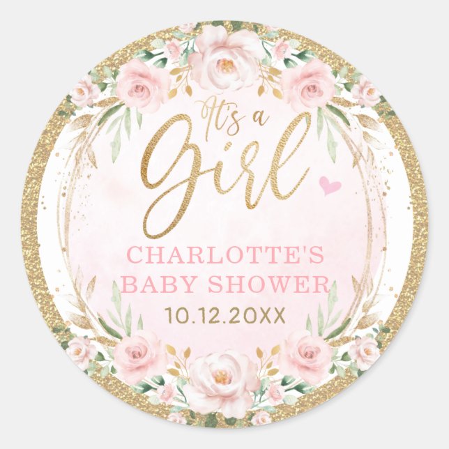 Trendy Girly Blush Gold Pink Floral Baby Girl Classic Round Sticker (Front)
