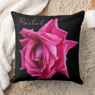 Trendy girly Floral pink rose name Rachel black Throw Pillow