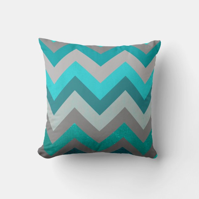 Trendy Girly Grey Teal Chevron Zigzag Pattern Throw Pillow (Front)