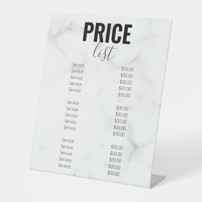 Trendy Girly Marble Business Price List Menu Pedestal Sign (Front)