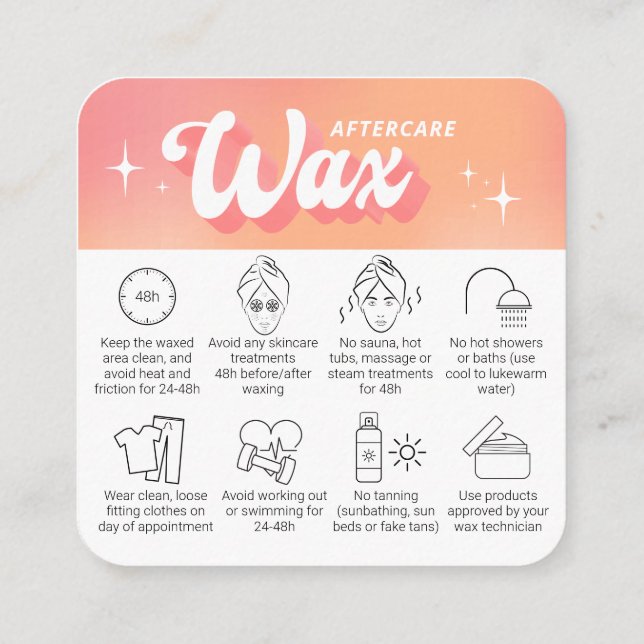 Trendy Girly Peach Groovy Waxing Aftercare Guide Square Business Card (Back)