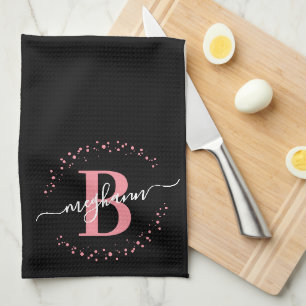 Trendy Girly Pink Black Name Monogram Script Kitchen Towel