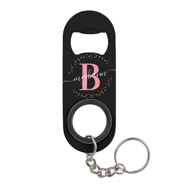 Trendy Girly Pink Black Name Script Monogrammed  Keychain Bottle Opener (Back)