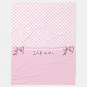 Trendy Girly Pink Plaid Chequerboard Pattern & Bow Fleece Blanket