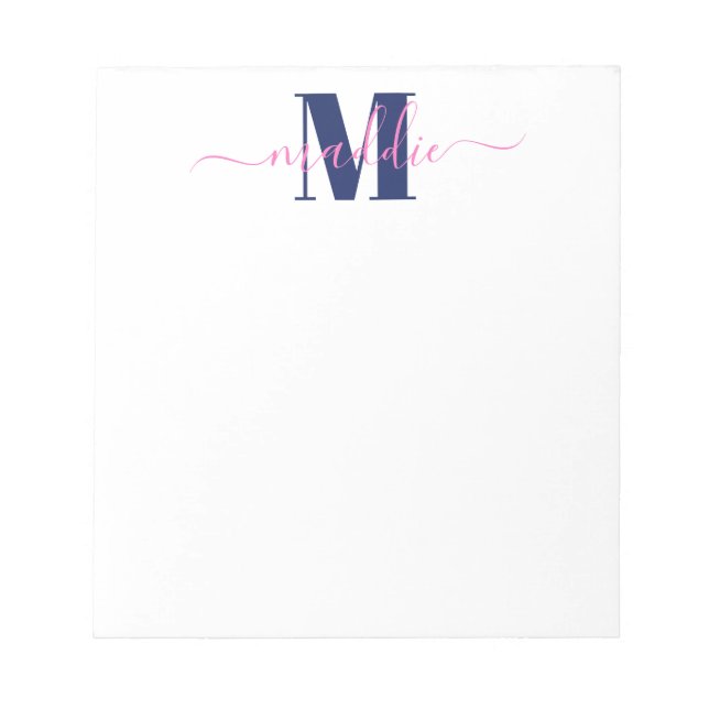Trendy Girly Script Monogram, Blue and Pink Notepad (Front)