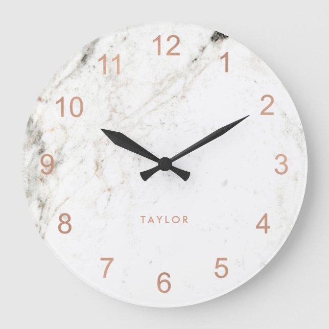 Trendy Glam Faux Rose Gold Look and White Marble Large Clock (Front)