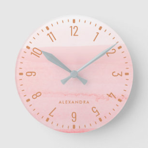 Trendy Glam Faux Rose Gold Look Marble Round Clock