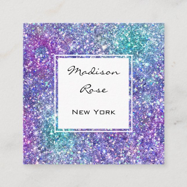 Trendy Glam Purple, Blue & Green Glitter Sparkles Square Business Card (Front)