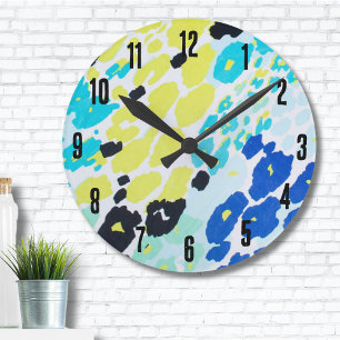 Trendy Glam Vibrant Aqua Blue Lime Leopard Print Round Clock