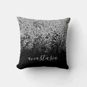 Trendy Glamourous Silver Glittery Sparkling Script Throw Pillow