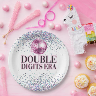 Trendy Glitter Disco Double Digits Era Birthday Paper Plate