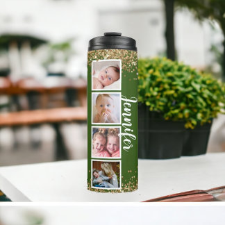 Trendy glitter green photo name Thermal Tumbler